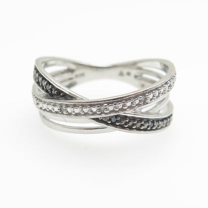 925 Sterling Silver Real Round-Cut Black & White Diamond Crisscross Ring Size 7