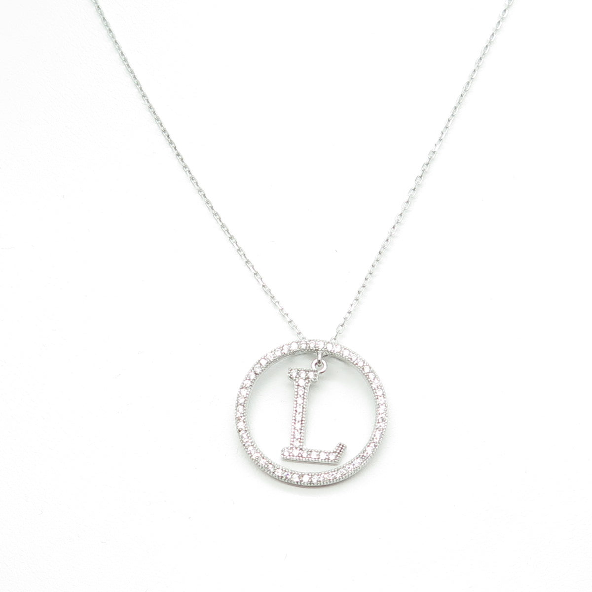 925 Sterling Silver Round-Cut C Z Letter "L" Initial Cable Chain Necklace 16-18"