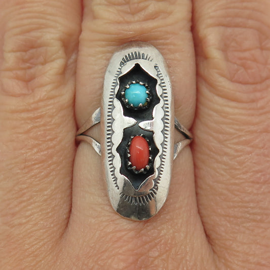 Old Pawn 925 Sterling Silver Vintage Turquoise & Coral Shadow Box Ring Size 7.25