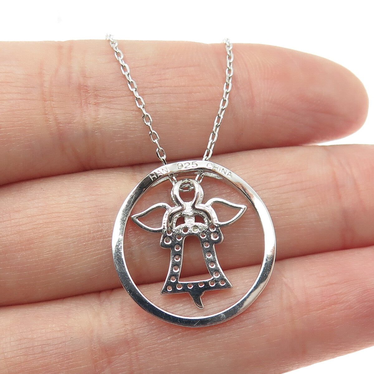 HAN 925 Sterling Silver Round-Cut Shaped C Z Angel Cable Chain Necklace 16-18"