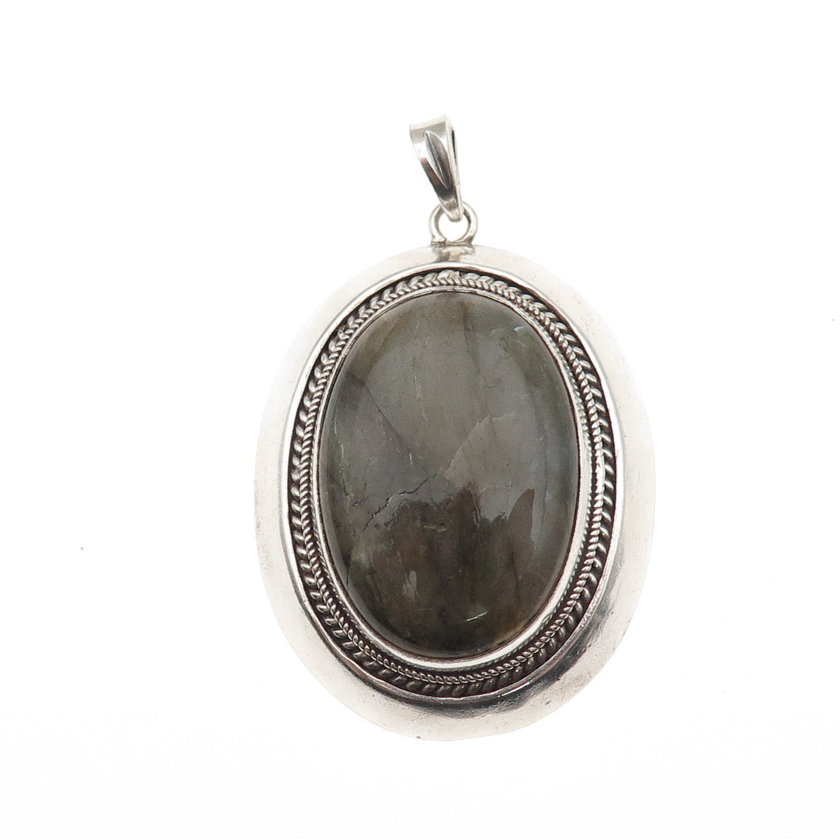 925 Sterling Silver Vintage Real Cabochon Labradorite Roped Pendant