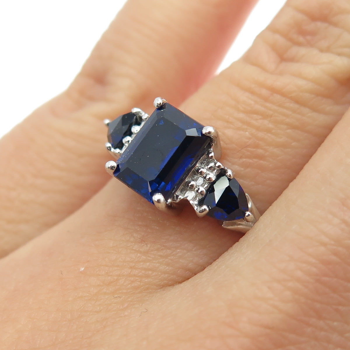 925 Sterling Silver Real Diamond Lab-Created Sapphire Engagement Ring Size 7.25