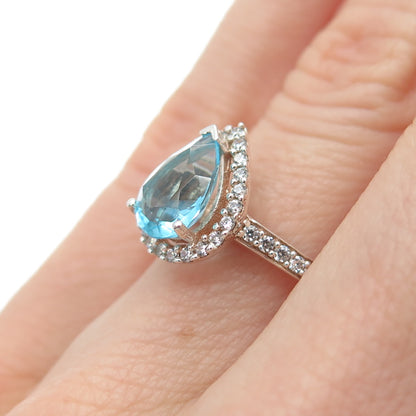 925 Sterling Silver Pear & Round-Cut Blue White C Z Teardrop Ring Size 5.25