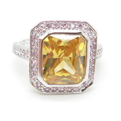 925 Sterling Silver Canary & Pink C Z Bohemian Ring Size 9
