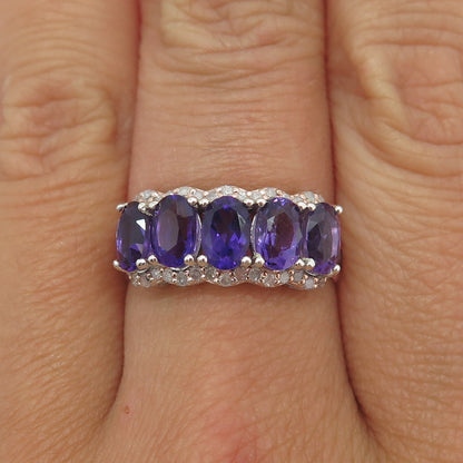 925 Sterling Silver 2-Tone Real Round-Cut Diamond & Amethyst Ring Size 7.25