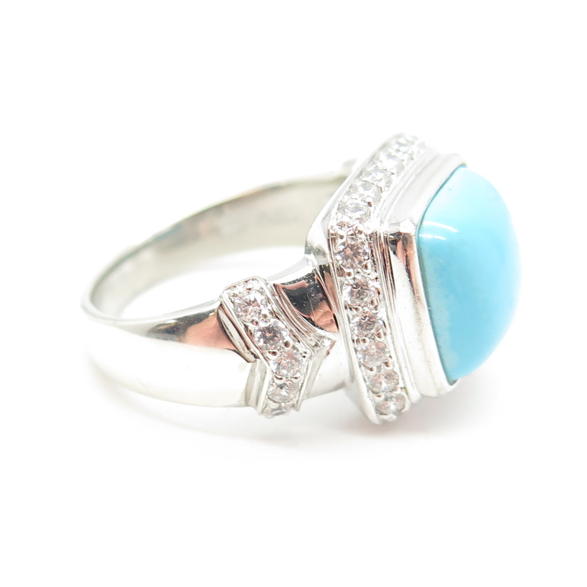 925 Sterling Silver Real Turquoise Gemstone & C Z Ring Size 10