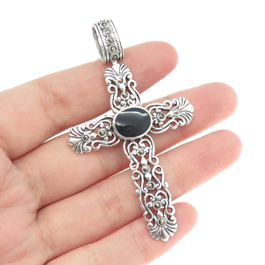 925 Sterling Silver Vintage Black Onyx & Marcasite Gemstone Cross Pendant