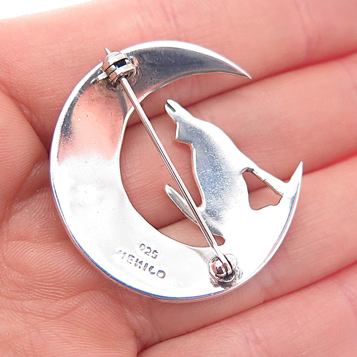 925 Sterling Silver Vintage Mexico Howling Wolf Crescent Moon Pin Brooch