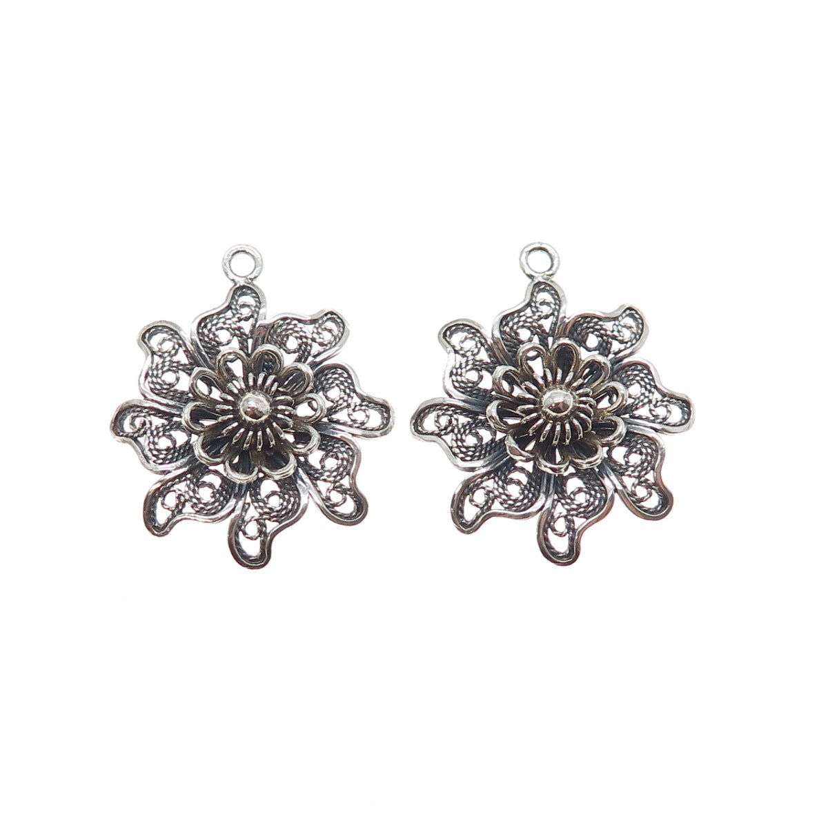 925 Sterling Silver Vintage Modernist Flower Filigree Oxidized Jacket Earrings