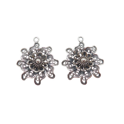 925 Sterling Silver Vintage Modernist Flower Filigree Oxidized Jacket Earrings