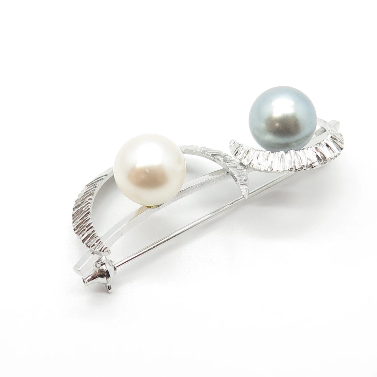925 Sterling Silver Vintage Faux Cream & Gray Pearl Crescent Moon Pin Brooch