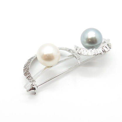925 Sterling Silver Vintage Faux Cream & Gray Pearl Crescent Moon Pin Brooch