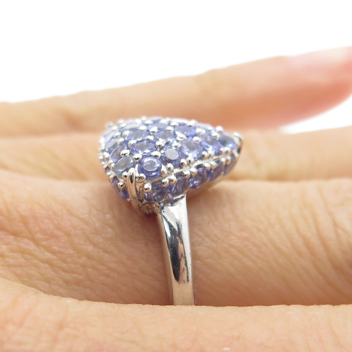 DSMK 925 Sterling Silver Real Round-Cut Tanzanite Triangle Ring Size 7.25