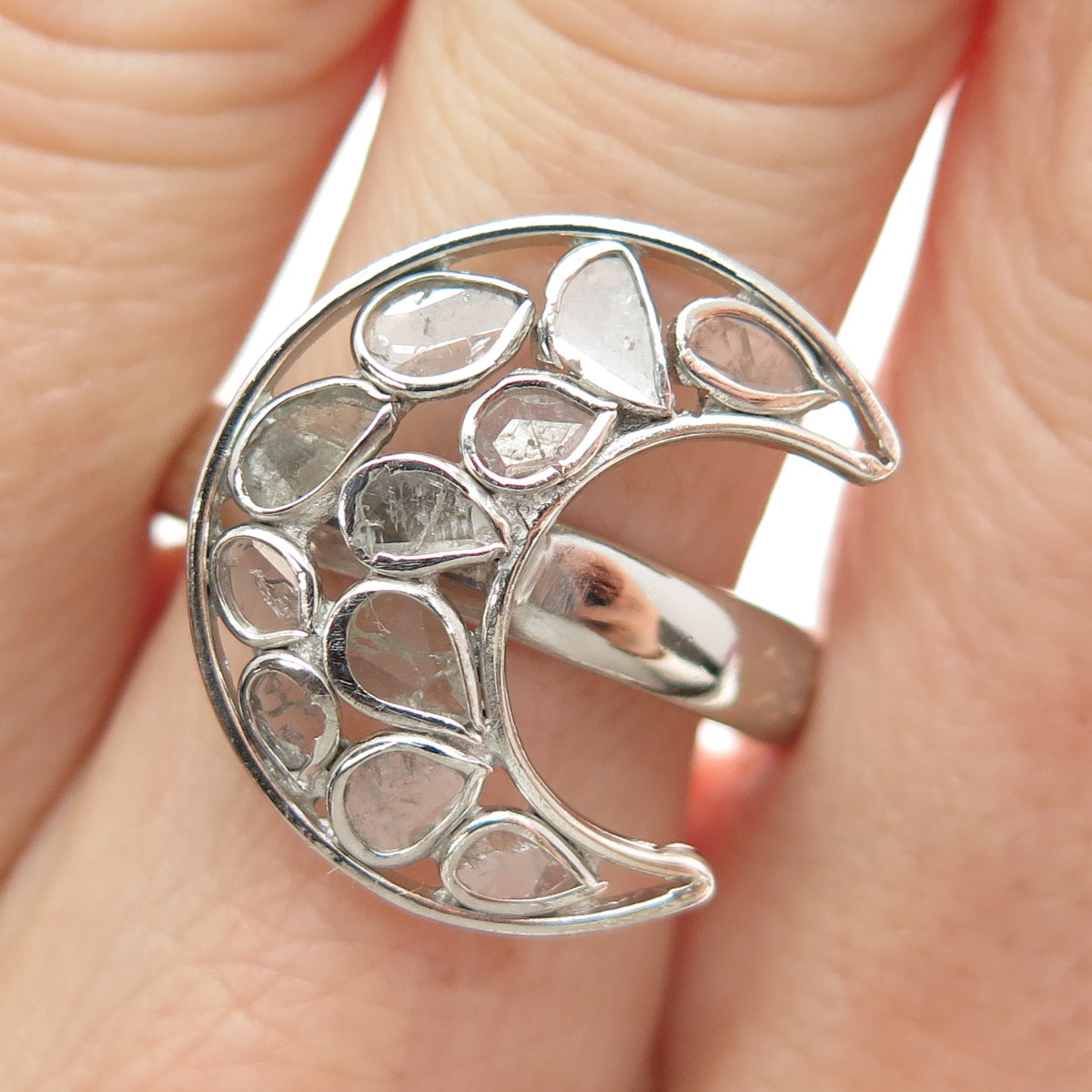 ARYA 925 Sterling Silver Real Rose-Cut Diamond Crescent Ring Size 9.5