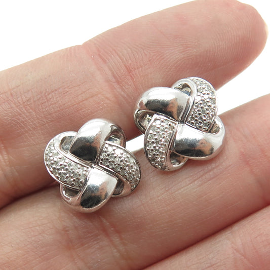 925 Sterling Silver Real Round-Cut Diamond Twisted Knot Earrings