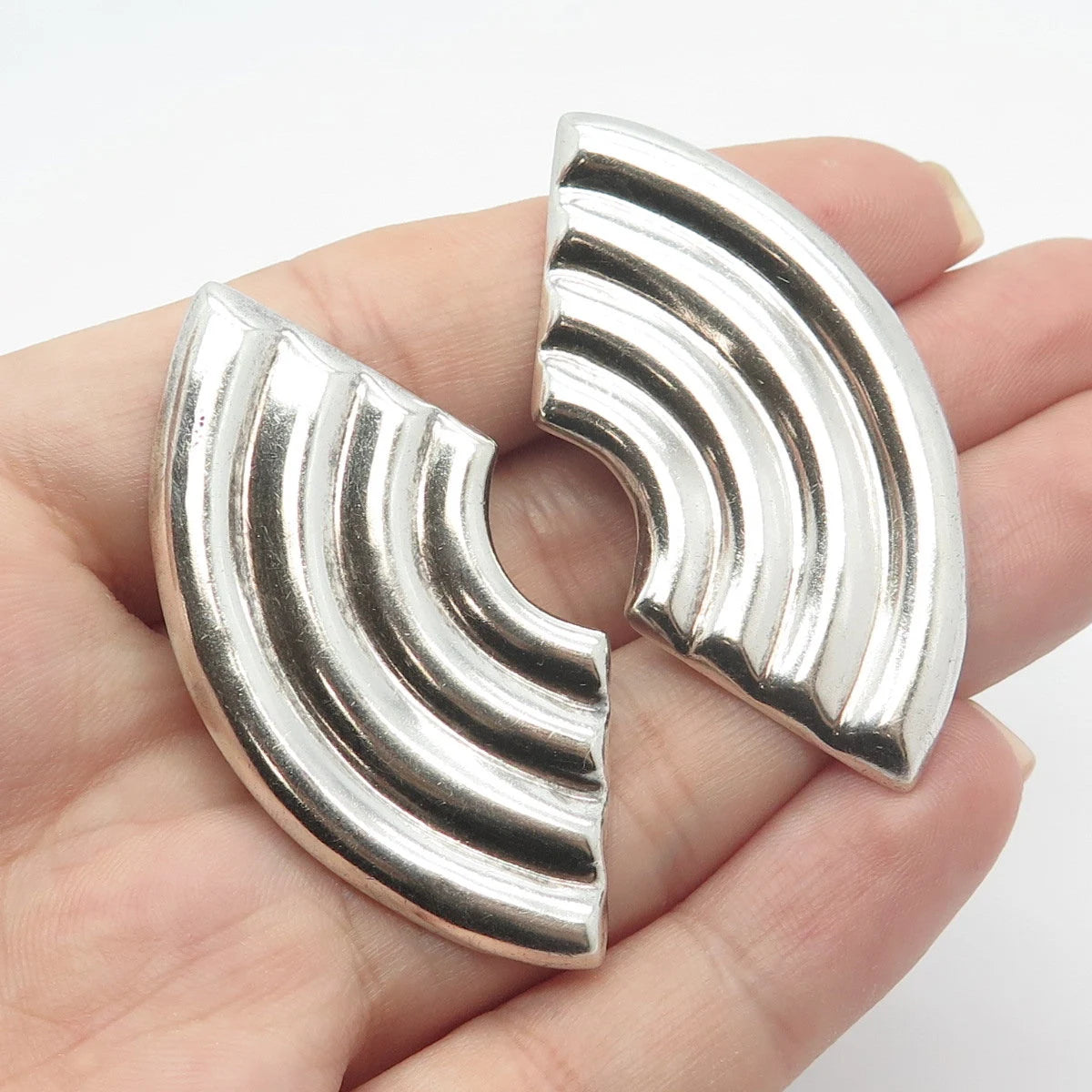 925 Sterling Silver Vintage Mexico Ribbed Modernist Clip On Earrings