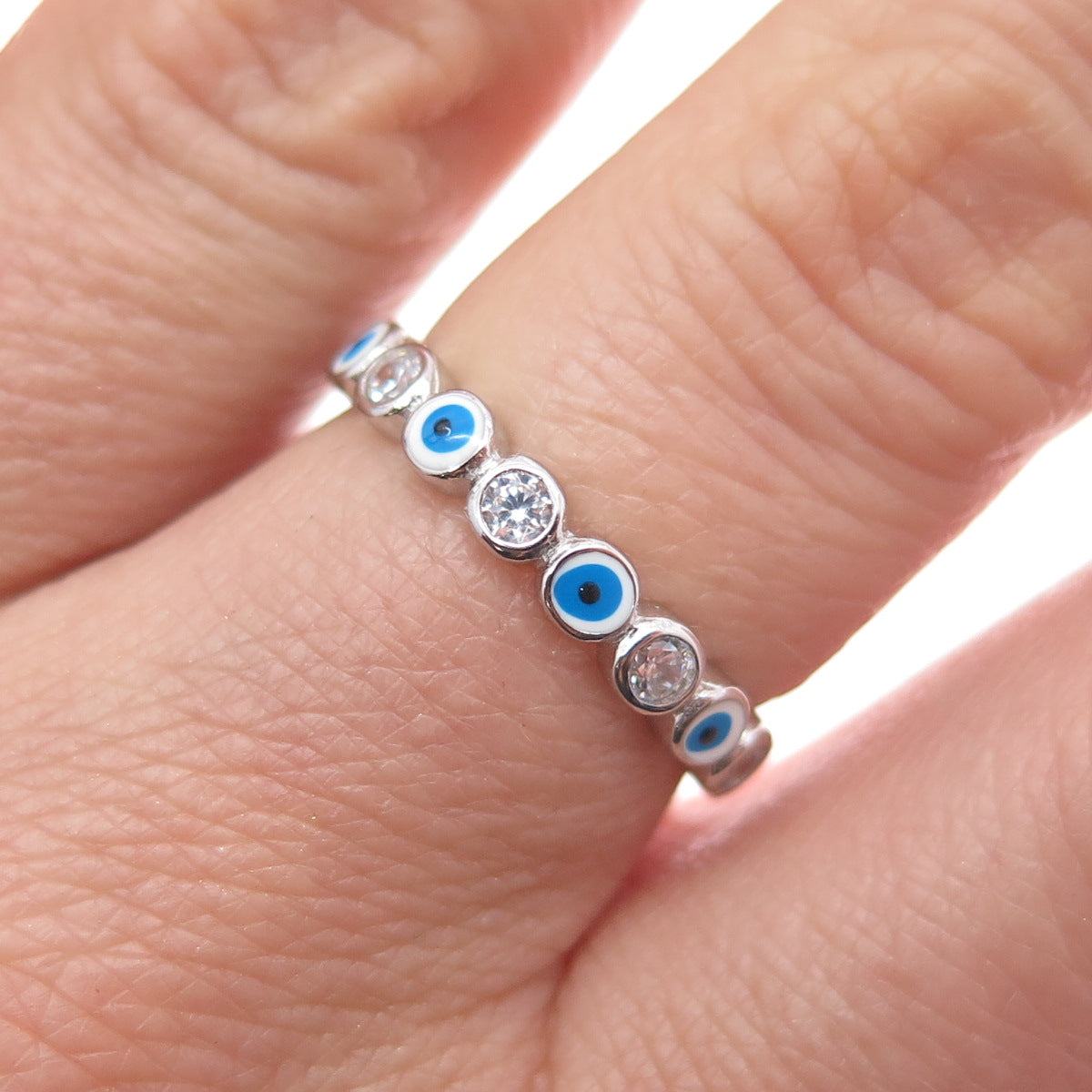 925 Sterling Silver Enamel & C Z Evil's Eye All Around Band Ring Size 7