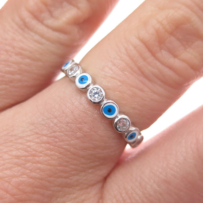 925 Sterling Silver Enamel & C Z Evil's Eye All Around Band Ring Size 7