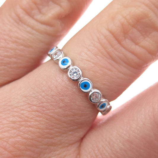 925 Sterling Silver Enamel & C Z Evil's Eye All Around Band Ring Size 7