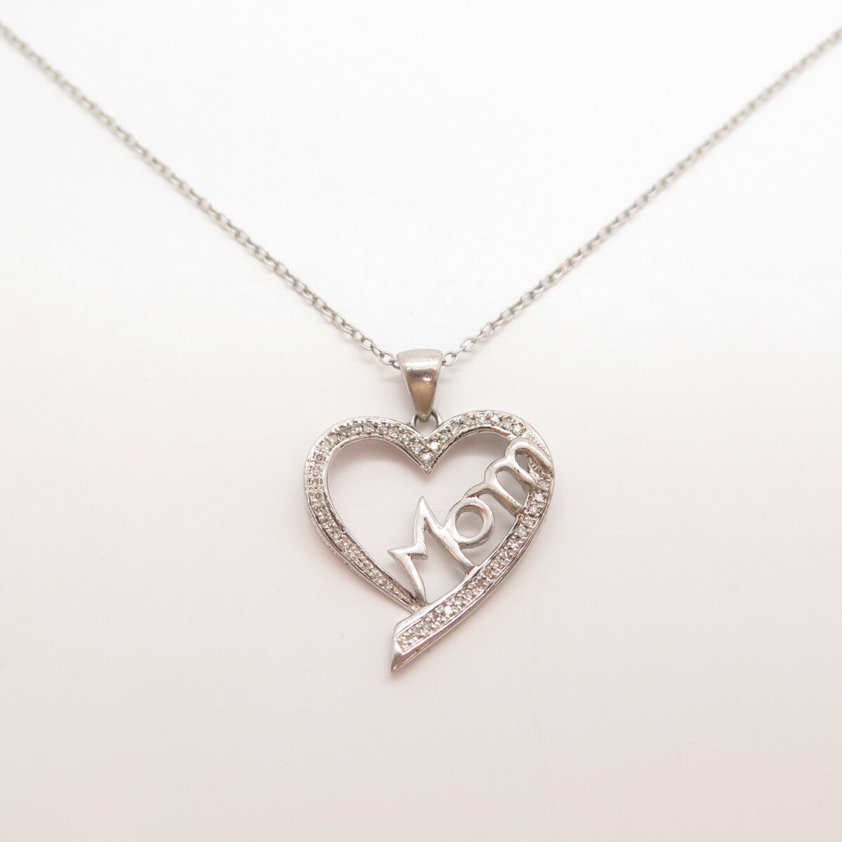 925 Sterling Silver Real Diamond "Mom" Heart Pendant Rolo Chain Necklace 16"