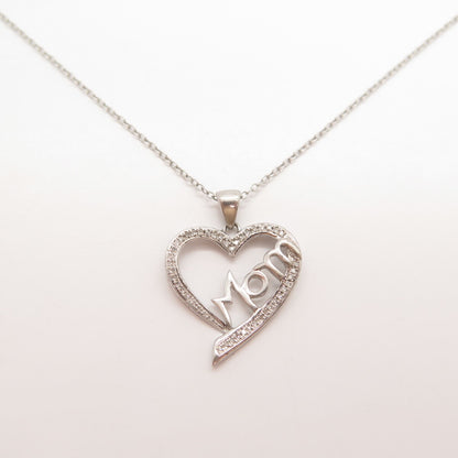925 Sterling Silver Real Diamond "Mom" Heart Pendant Rolo Chain Necklace 16"