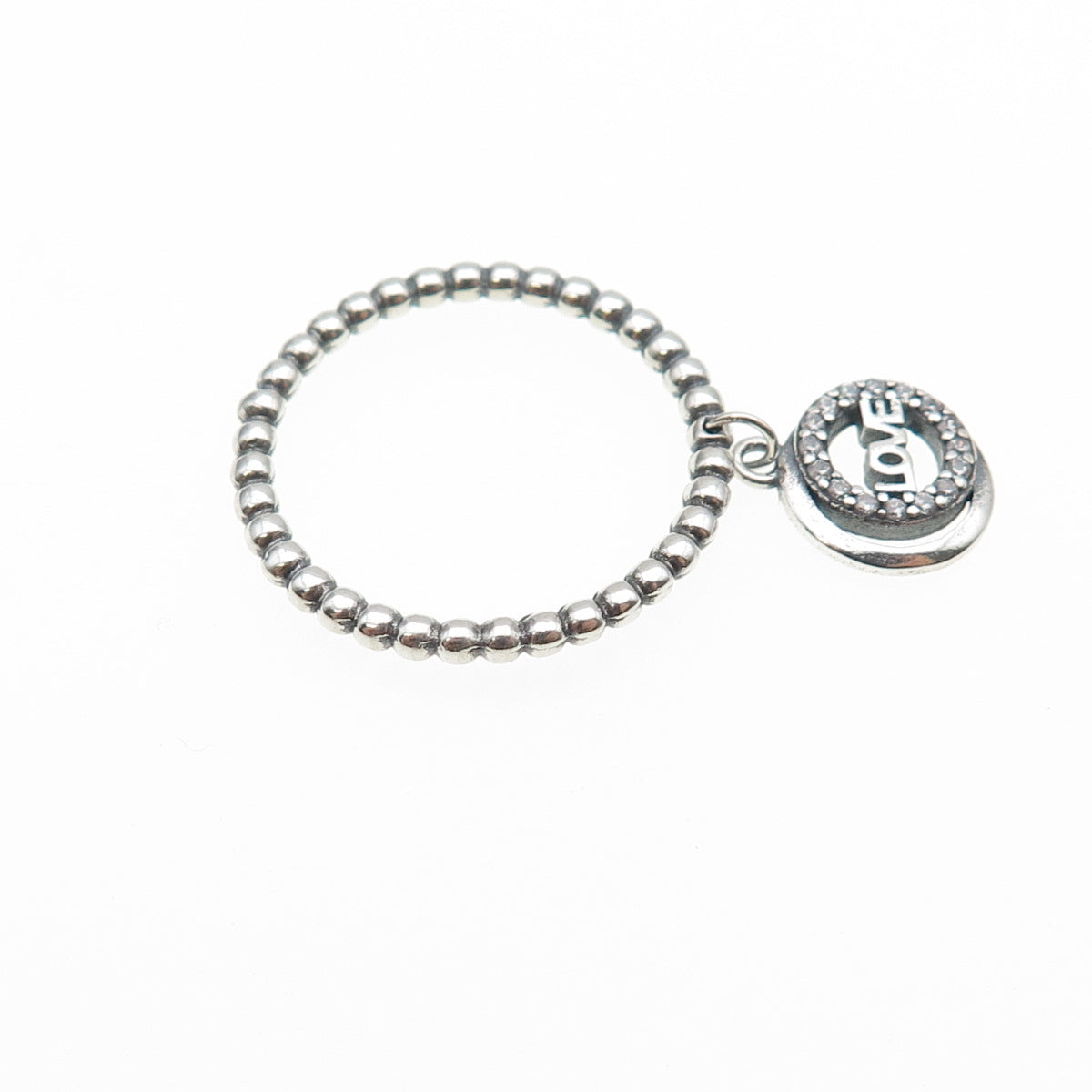 925 Sterling Silver Round-Cut C Z Love Dangle Charm Beaded Band Ring Size 7.75
