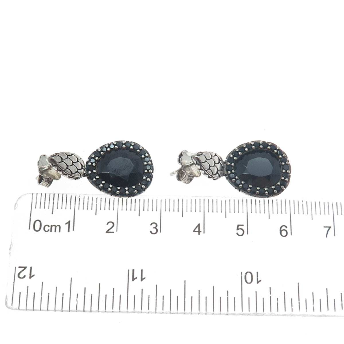 925 Sterling Silver Vintage Italy Real Black Spinel Gem Dangle Oxidized Earrings