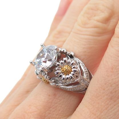 925 Sterling Silver 2-Tone Round-Cut C Z Daisy Flower Ring Size 8.25