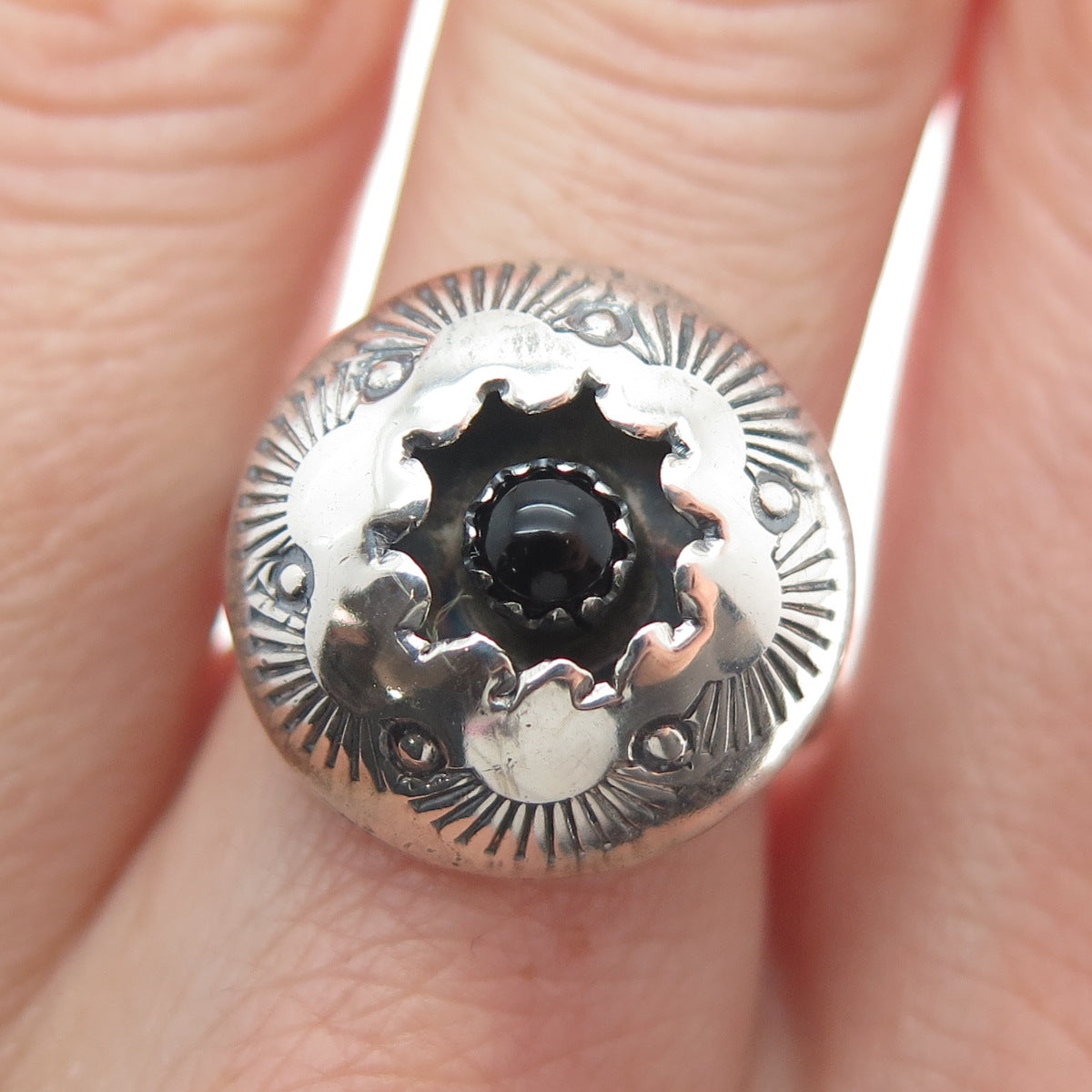Old Pawn Sterling Silver Black Onyx Snake Eye Shadow Box Tribal Ring Size 7.25