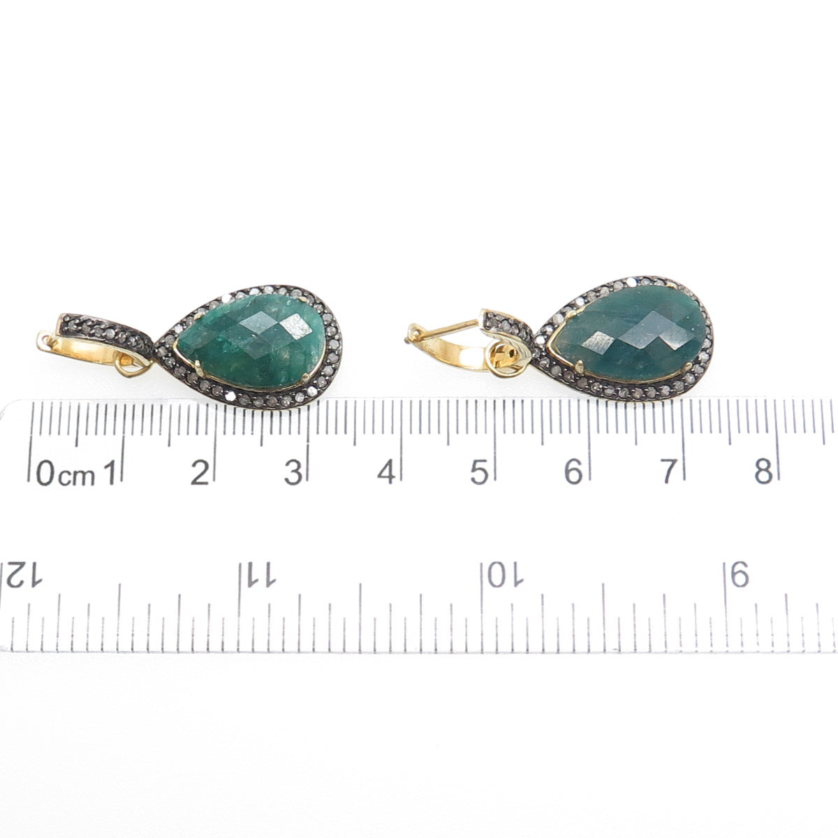 925 Sterling Silver Gold Plated Real Diamond & Emerald Dangle Earrings