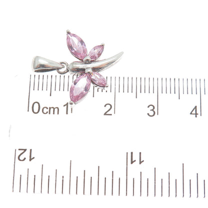 925 Sterling Silver Vintage Pink Marquise-Cut Shaped C Z Dragonfly Pendant