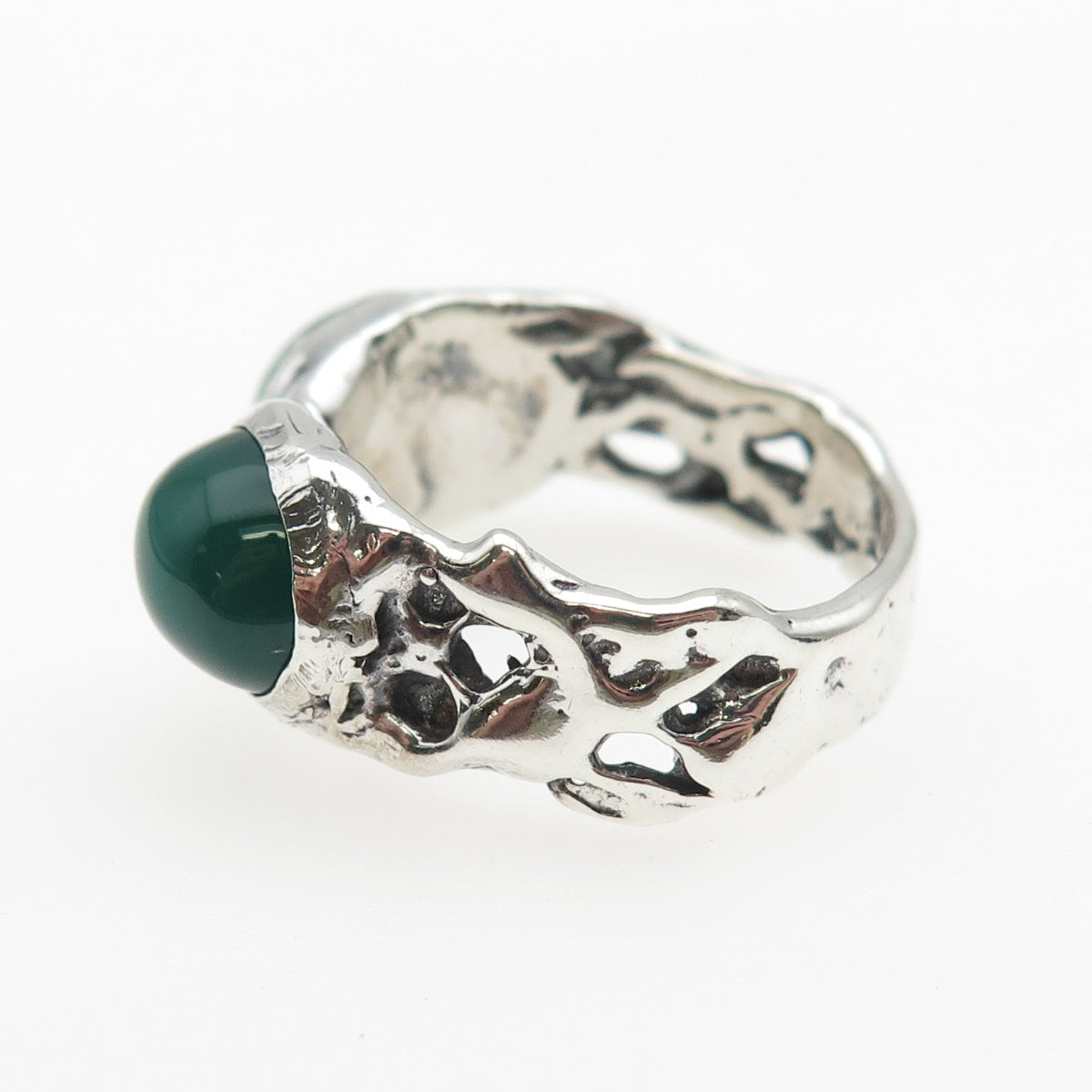 925 Sterling Silver Vintage Real Green Onyx Modernist Oxidized Ring Size 8.5