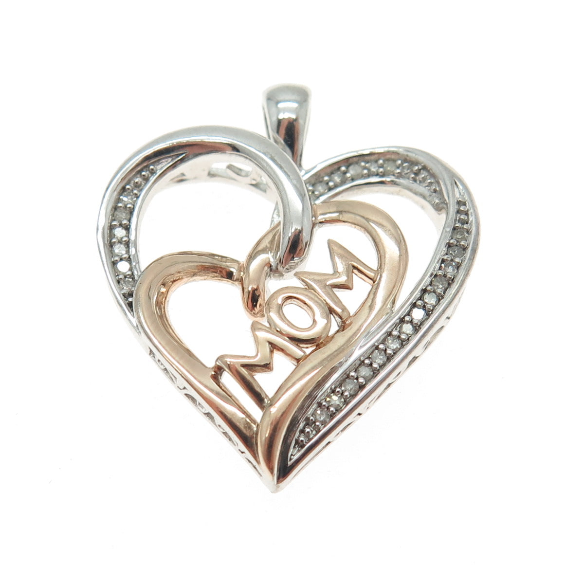 SUN 925 Sterling Silver Rose Gold Plated Real Diamond "MOM" Heart Pendant