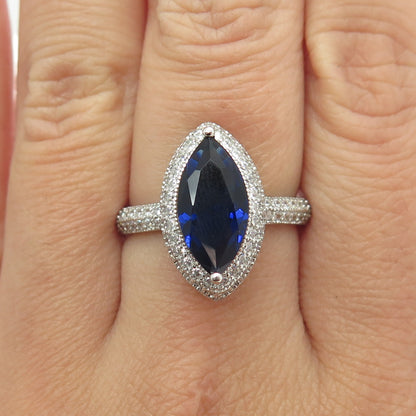 925 Sterling Silver White & Blue Marquise-Cut Shaped C Z Ring Size 8.25