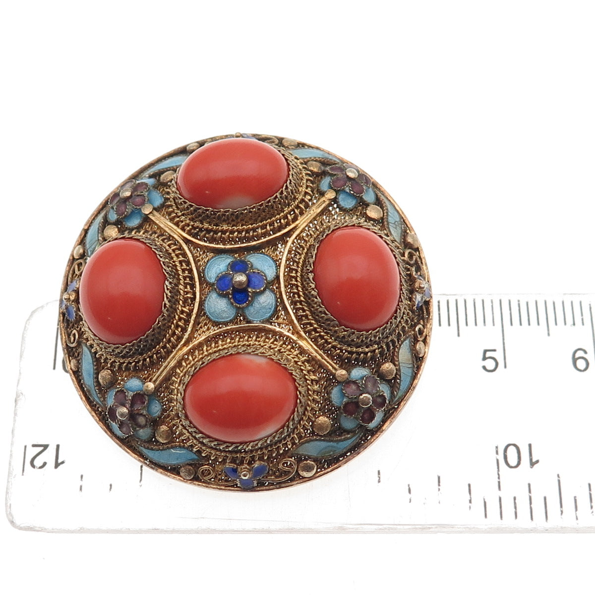925 Sterling Silver Gold Plated Antique China Enamel Real Coral Floral Brooch