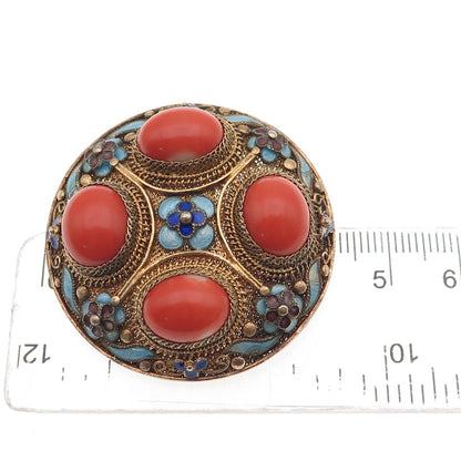 925 Sterling Silver Gold Plated Antique China Enamel Real Coral Floral Brooch