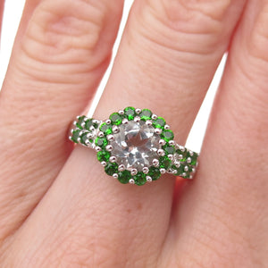 925 Sterling Silver Real Aquamarine & Chrome Diopside Ring Size 8