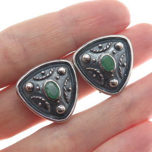 925 Sterling Silver Vintage Real Emerald Modernist Oxidized Clip On Earrings