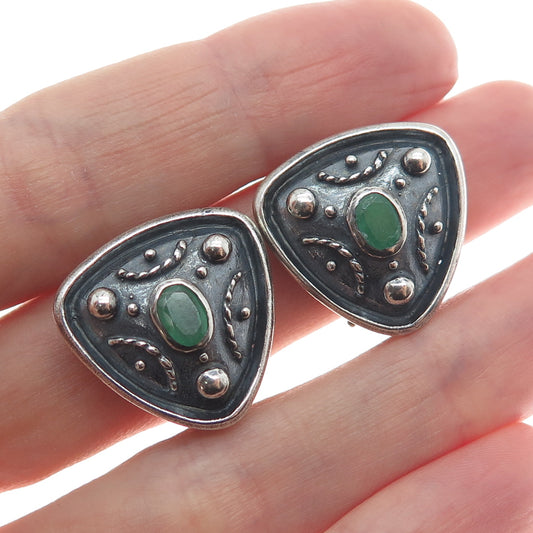 925 Sterling Silver Vintage Real Emerald Modernist Oxidized Clip On Earrings
