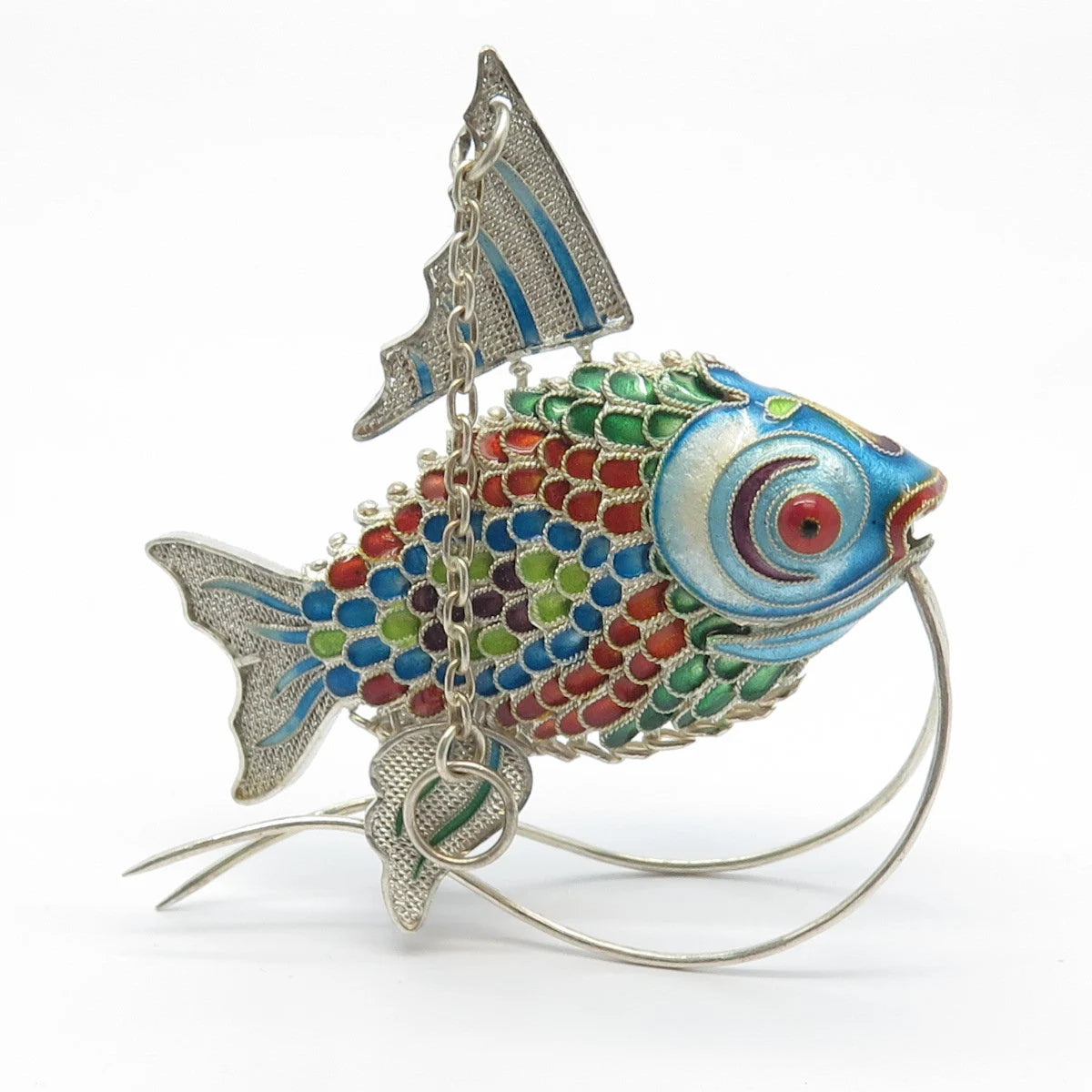 925 Sterling Silver Antique Enamel Chinese Koi Fish Articulated Chatelaine Fob