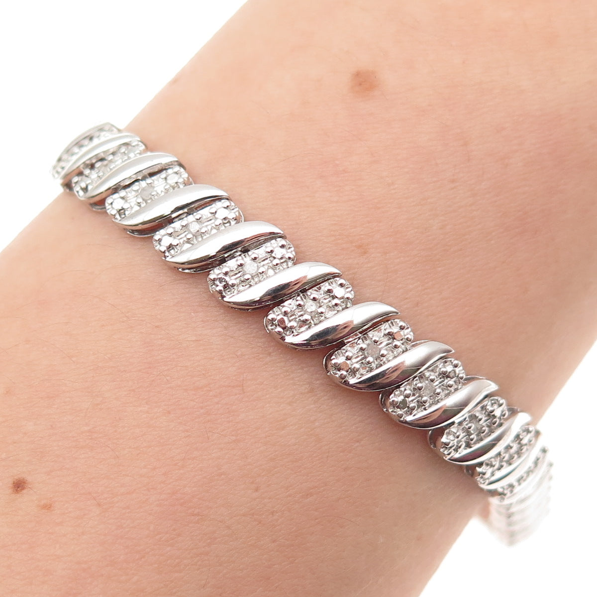 925 Sterling Silver Real Round-Cut Diamond Ribbed Link Bracelet 7.25"