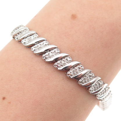 925 Sterling Silver Real Round-Cut Diamond Ribbed Link Bracelet 7.25"