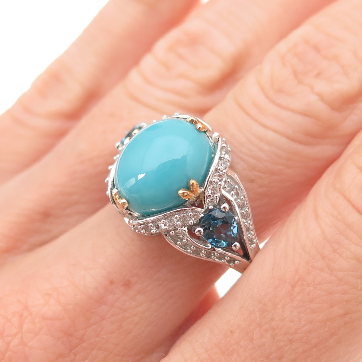 925 Sterling Silver 2-Tone Real Turquoise Blue & White Topaz Ring Size 8.25