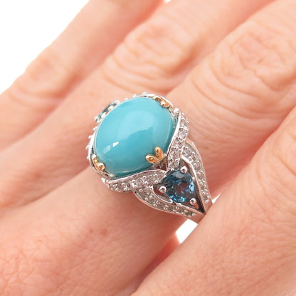 925 Sterling Silver 2-Tone Real Turquoise Blue & White Topaz Ring Size 8.25