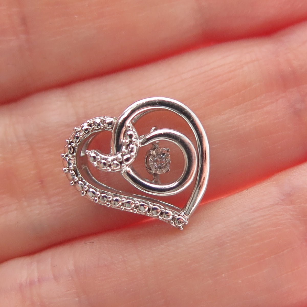 925 Sterling Silver Round-Cut C Z Swirl Heart Minimalist Charm Slide Pendant