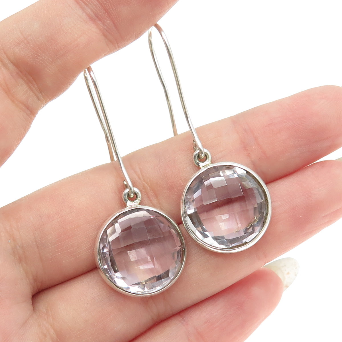 925 Sterling Silver Vintage Real Round-Cut Amethyst Dangling Earrings