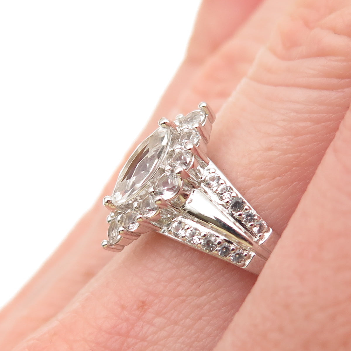 925 Sterling Silver Real Marquise & Round-Cut White Topaz Ring Size 7