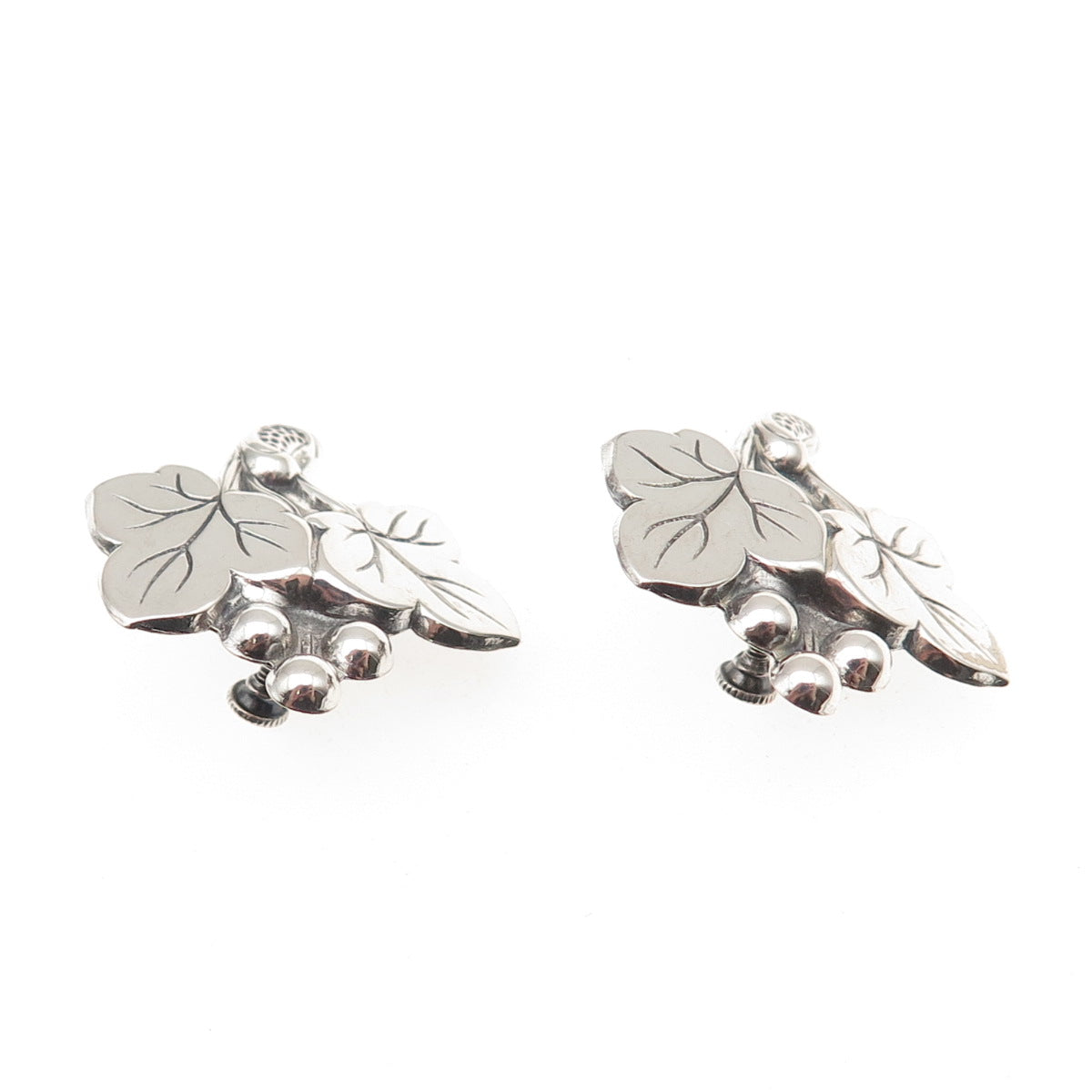 925 Sterling Silver Antique Art Deco Floral Oxidized Screw Back Earrings