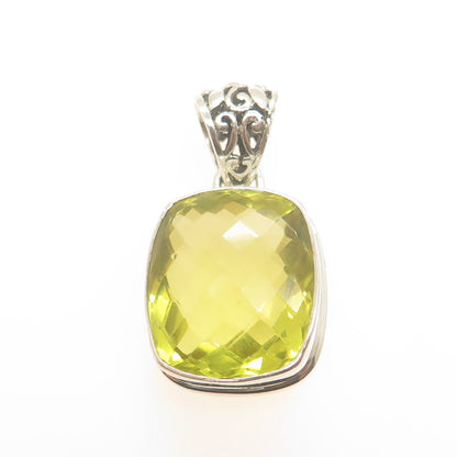 925 Sterling Silver Vintage Real Cushion-Cut Lime Citrine Ornate Pendant