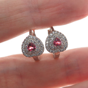 925 Sterling Silver Heart-Cut Pink & Round-Cut White C Z Hoop Earrings